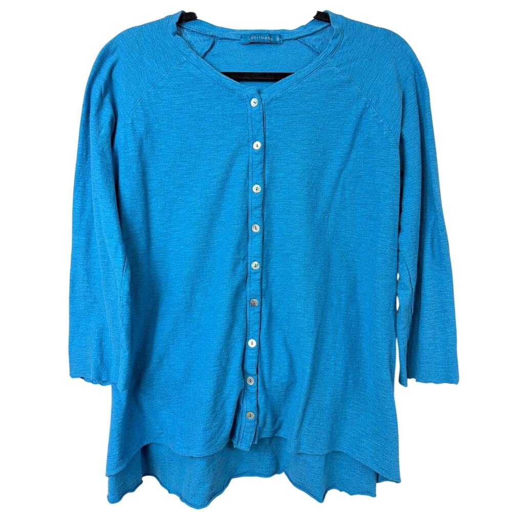 Cut Loose Blue Button Up 3/4 Sleeve High Low Top Size M USA Made